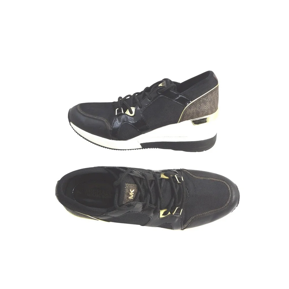 Michael Kors Women's 7M Liv Mixed Media Trainer Black Wedge Sneakers Gold Accent